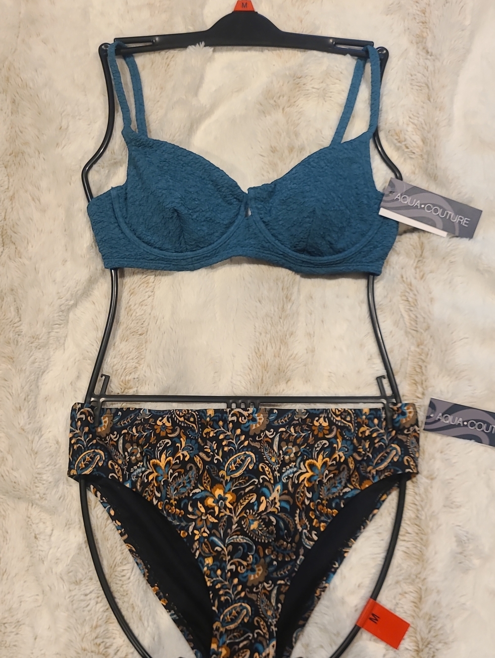 Aqua Couture Teal Textured Underwire Bra Sz M & L Paisley Bikini Bottoms